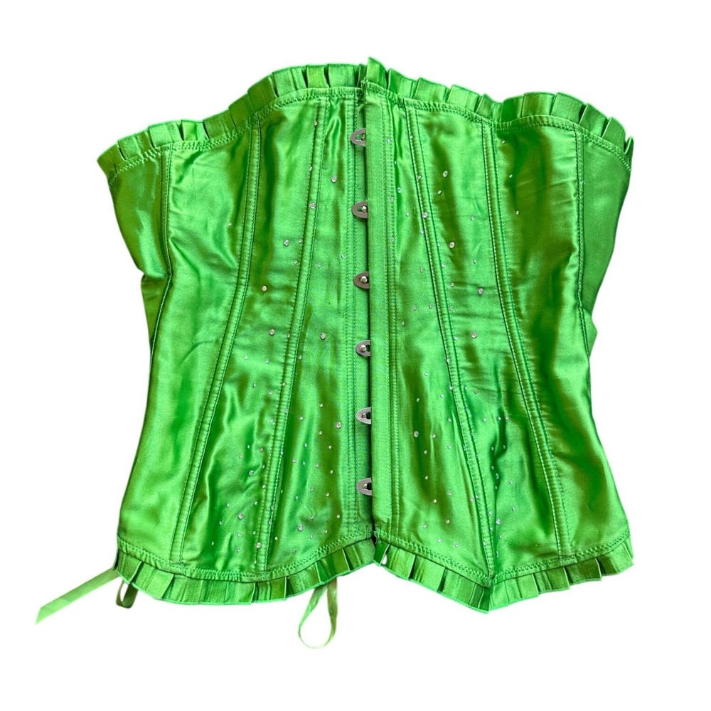 Daisy Corsets Lime Green Satin Rhinestone Ruffle Corset Top Size L A1252